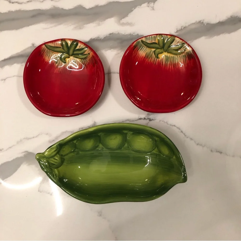 Pier 1 Imports Ironstone Pea Pod Small Serving Dish & 2 Tomato dipping dishes